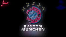 a neon sign for bayern munchen is lit up on a dark background