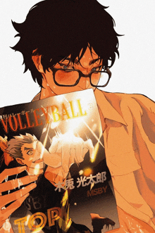 a man wearing glasses is holding a magazine titled volleyball