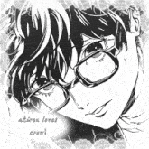 a black and white drawing of a boy with glasses and the words akiren loves crom