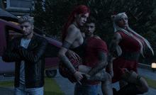 a group of people standing next to each other with one of them holding a woman