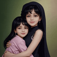 two young girls are hugging each other with one wearing a black veil
