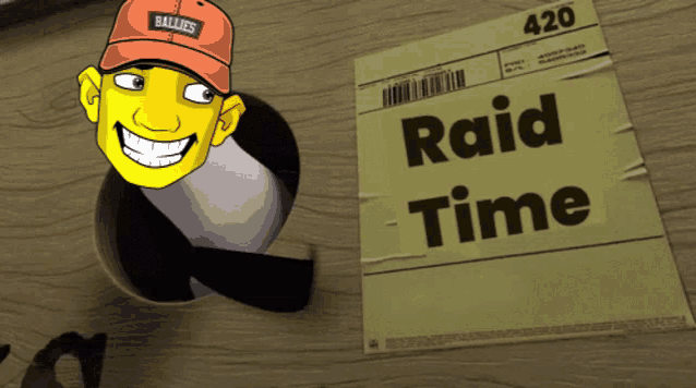 a cartoon character wearing a ballies hat is smiling next to a paper that says raid time on it