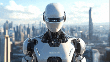 a robot with a helmet on is standing in front of a city .
