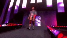 a wrestler is walking on a stage with the letter r on the wall behind him