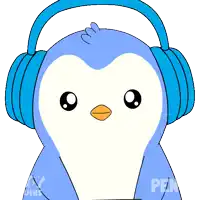 a penguin wearing headphones is holding a green sign that says go