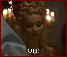 a woman wearing a red dress and a feather in her hair says " oh "