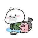 a cartoon character is crying next to a pig and a bag .