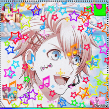 a picture of a boy with hearts on his face is surrounded by stars