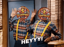 two men wearing plaid shirts and suspenders with balloons on their faces that say lotto on them