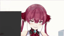 a girl with purple hair is smiling in front of a computer screen