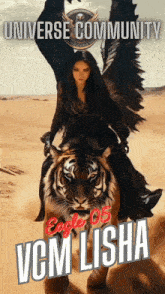 a poster of a woman riding a tiger with the name vcm lisha on it