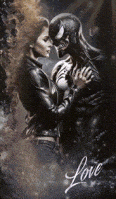 a painting of a woman and venom with the word love on the bottom right