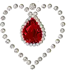 a heart shaped necklace with a red pendant and diamonds
