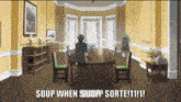 a man sits at a table in a dining room with the caption soup when swopp sorte 111