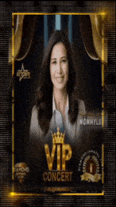 a poster for a vip concert with a woman in a suit