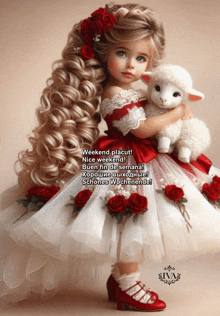 a little girl in a red dress is holding a lamb