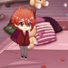 a little girl is standing next to a teddy bear on a bed