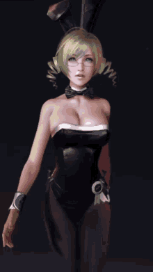 a woman in a bunny costume has glasses and a bow tie