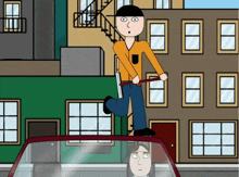 a cartoon of a man jumping over a car roof