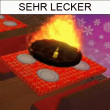 a cartoon illustration of a plate of food on a table with the words sehr lecker below it