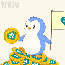 a penguin is standing on a pile of coins holding a flag and a coin with the letter h on it