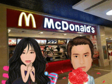 a man and woman are standing in front of a mcdonald 's restaurant