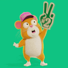 a hamster wearing a pink hat is holding up a number 2 foam hand
