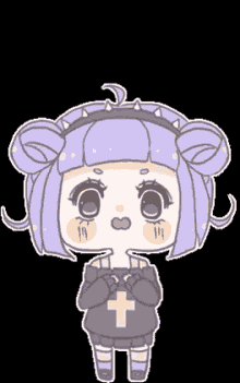 a cartoon girl with purple hair and a cross on her shirt is surrounded by hearts .
