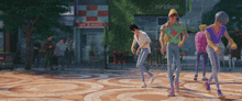 a group of people are dancing in front of a store that says viridean