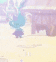 a cartoon character is standing in front of a building and says hi on the ground