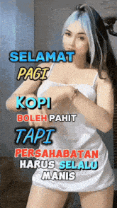 a woman in a white dress is standing in front of a sign that says " selamat pagi "