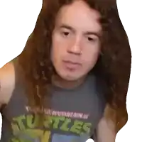 a man with long hair is wearing a turtles tank top