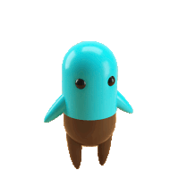 a blue and brown cartoon character with brown eyes