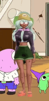 a cartoon character is standing next to a purple character