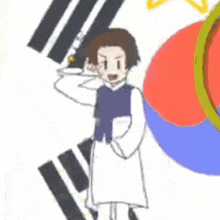 a cartoon character is standing in front of a korean flag and talking on a cell phone .