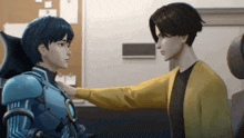 a man in a yellow sweater is touching another man 's arm
