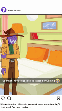 a cartoon of a man standing in front of a bed with a caption that says sad that i have to go to sleep