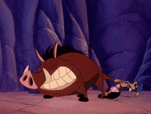 a cartoon drawing of a warthog with a huge smile on its face
