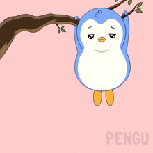 a penguin hangs from a tree branch with the words hang in there written below it