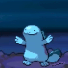 a pixel art drawing of a blue and white pokemon standing on a rock .