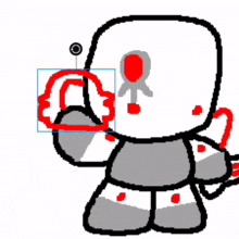 a pixel art drawing of a robot holding a red circle