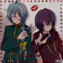 a couple of anime characters standing next to each other with the word milashe on the bottom left