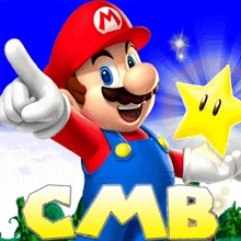 a cartoon of mario holding a star with cmb written below him