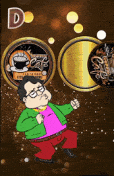 a man in a green jacket is dancing in front of a sign that says doppio cafe