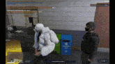 a woman in a white fur coat is standing next to a man in a black mask in a video game .