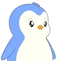 a blue and white penguin with a yellow beak looks at the camera