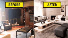 before and after pictures of a living room with a fireplace