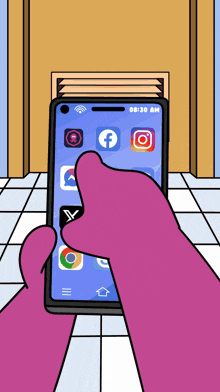 a cartoon drawing of a person holding a cell phone with the time of 8:30 am