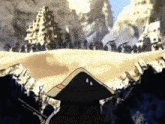 a cartoon character wearing a hat and holding a gun is standing in front of a mountain .