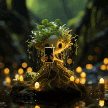 a figurine of a tree taking a picture of itself with a cell phone